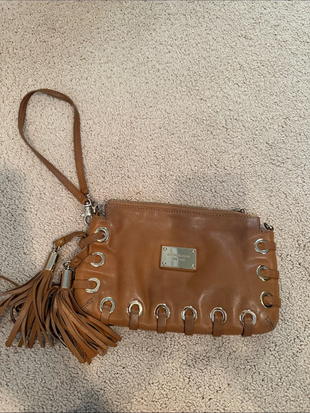 Michael Kors Brown Leather Shoulder Bag with Tassel and Grommet Detail